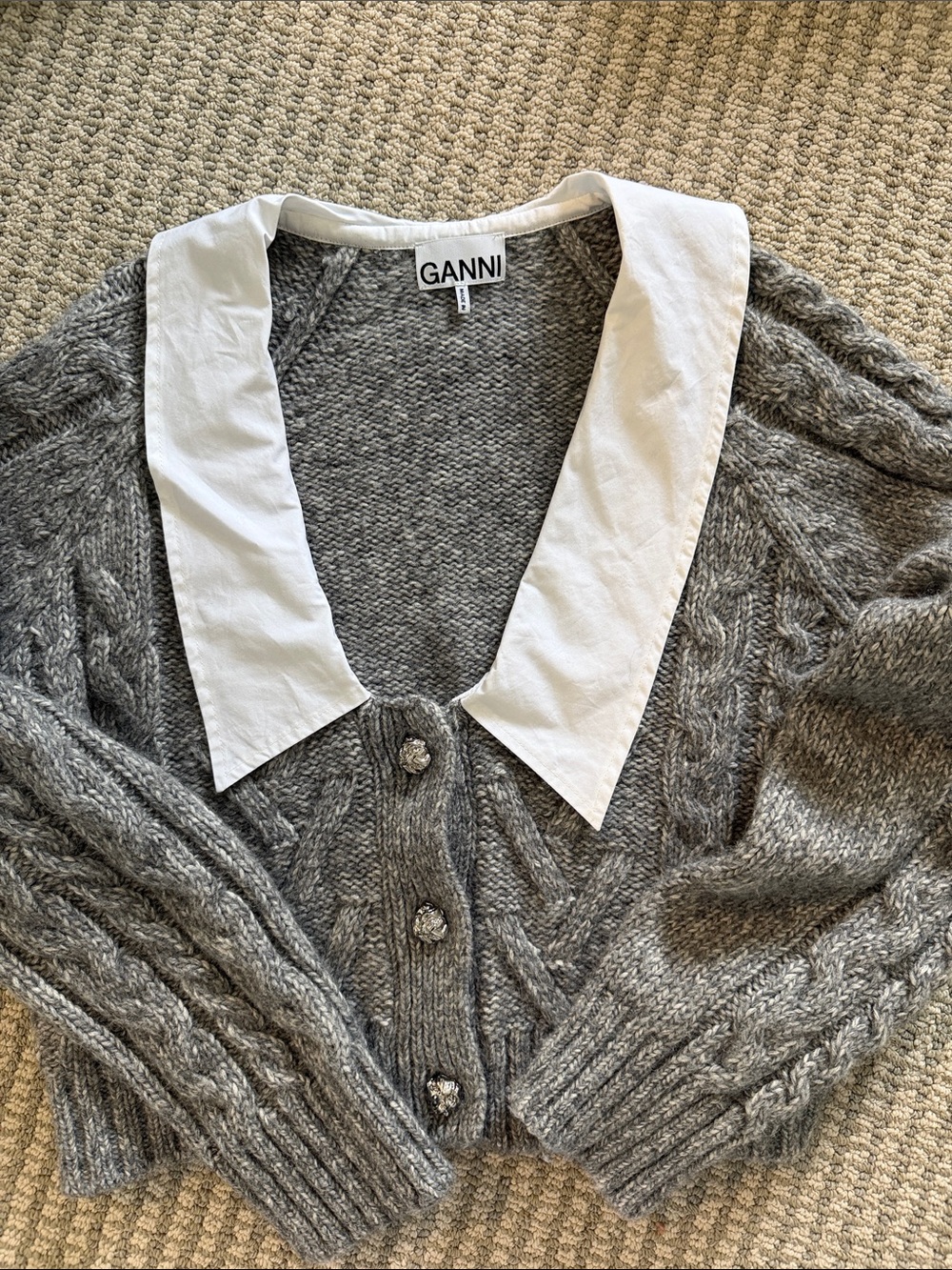 Ganni Gray Cable-Knit Cardigan with White Collar
